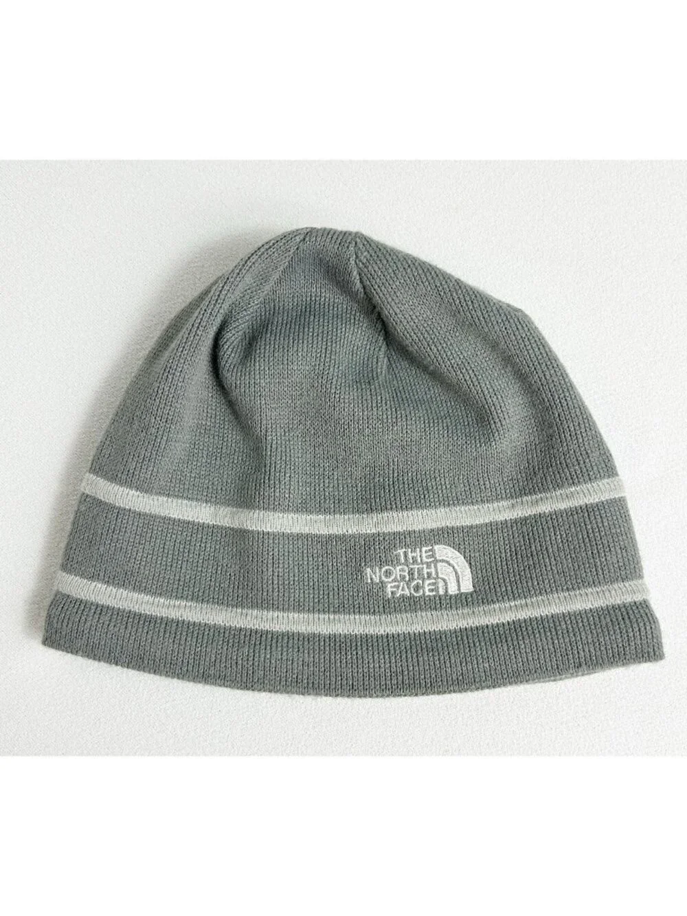 The North Face Gray Striped Logo Beanie Hat Fleece Lined